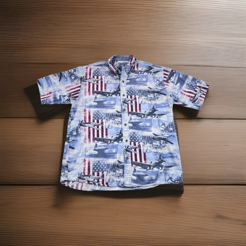 RedHead Button Shirt Men L Patriotic USA‎ Flag Airplane Print 100% Cotton Casua